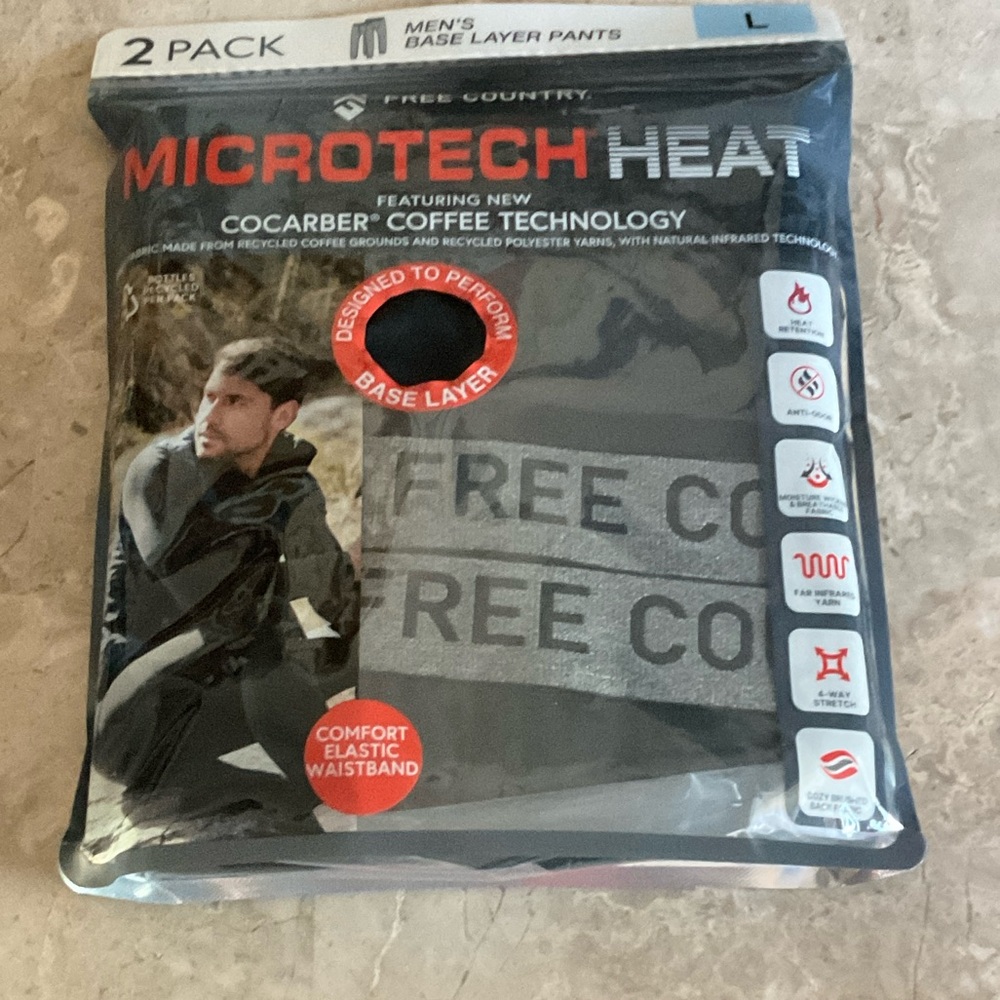 2 Pairs Free Country Men's Microtech Heat Base Layer Pants L
